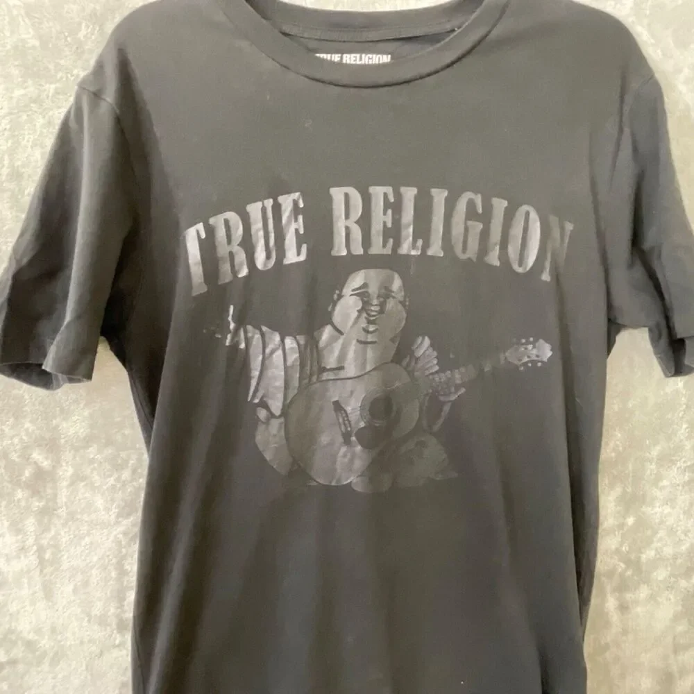 True Religion T-Shirt Mens Small Logo Tee Crew Buddha Graphic black on black.